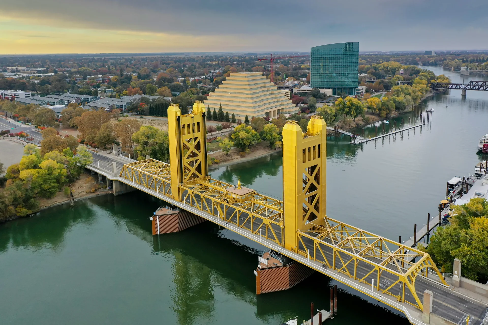 Tower Bridge Sacramento iconic golden Art Deco landmark connecting West Sacramento